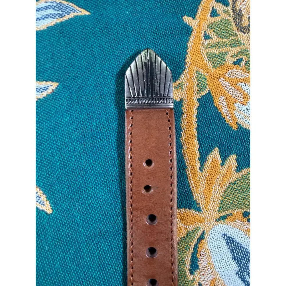 Vintage 90s Aztec southwestern beaded leather belt intricate silver buckle 30